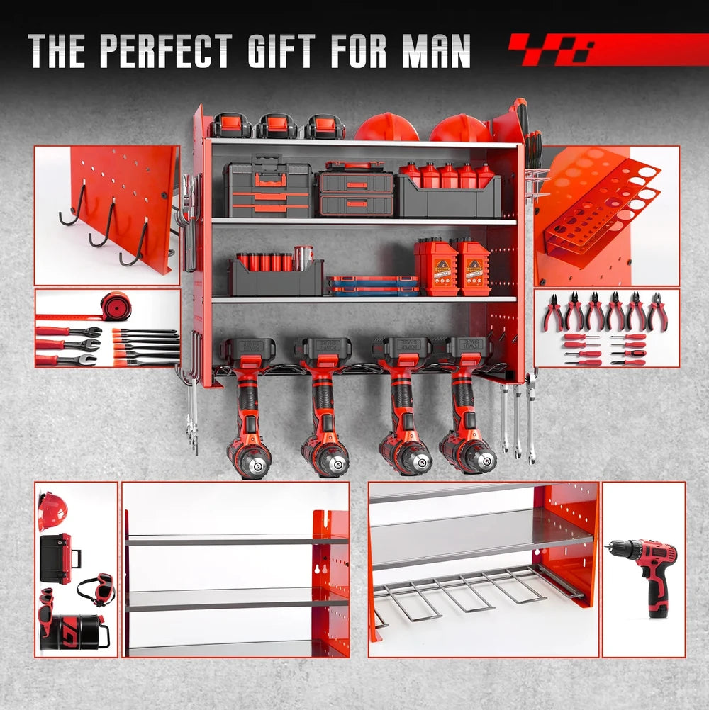 Wall-Mounted Power Tool Organizer with Pegboard and Hooks