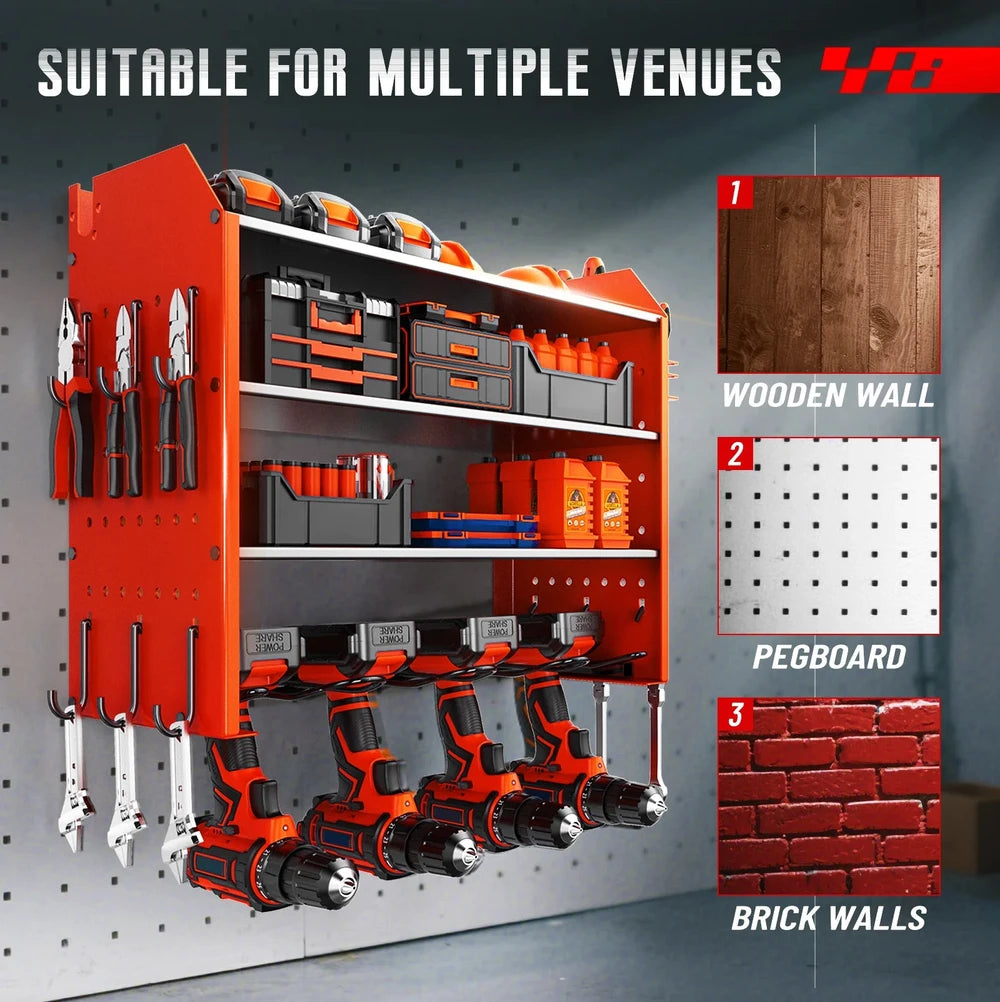 Wall-Mounted Power Tool Organizer with Pegboard and Hooks