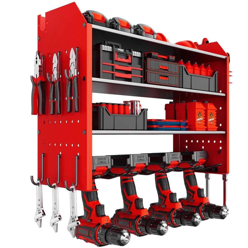 Wall-Mounted Power Tool Organizer with Pegboard and Hooks