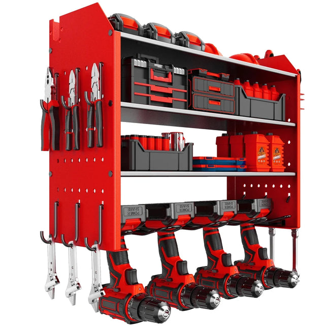 Wall-Mounted Power Tool Organizer with Pegboard and Hooks