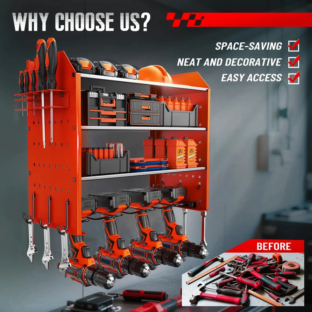 Wall-Mounted Power Tool Organizer with Pegboard and Hooks