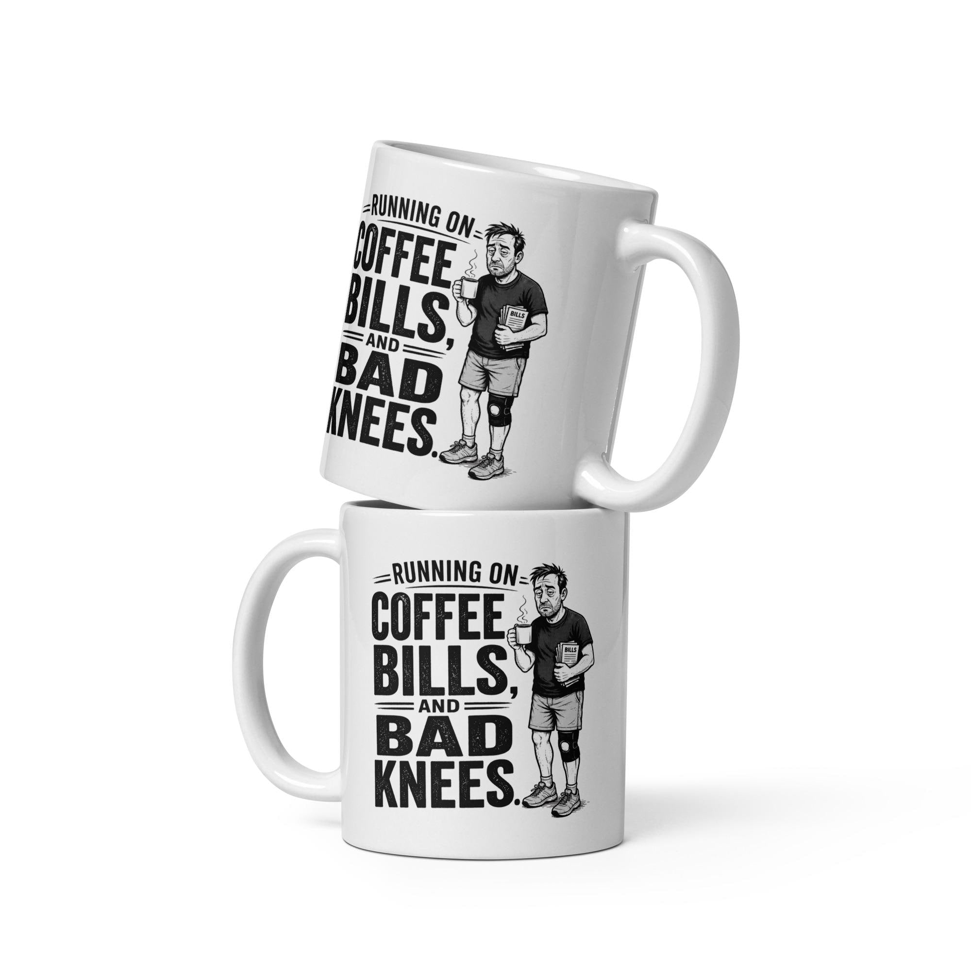 Running on Coffee, Bills and Bad Knees - Funny Running Dad Mug product image 3, showing the mug design and product mockup.