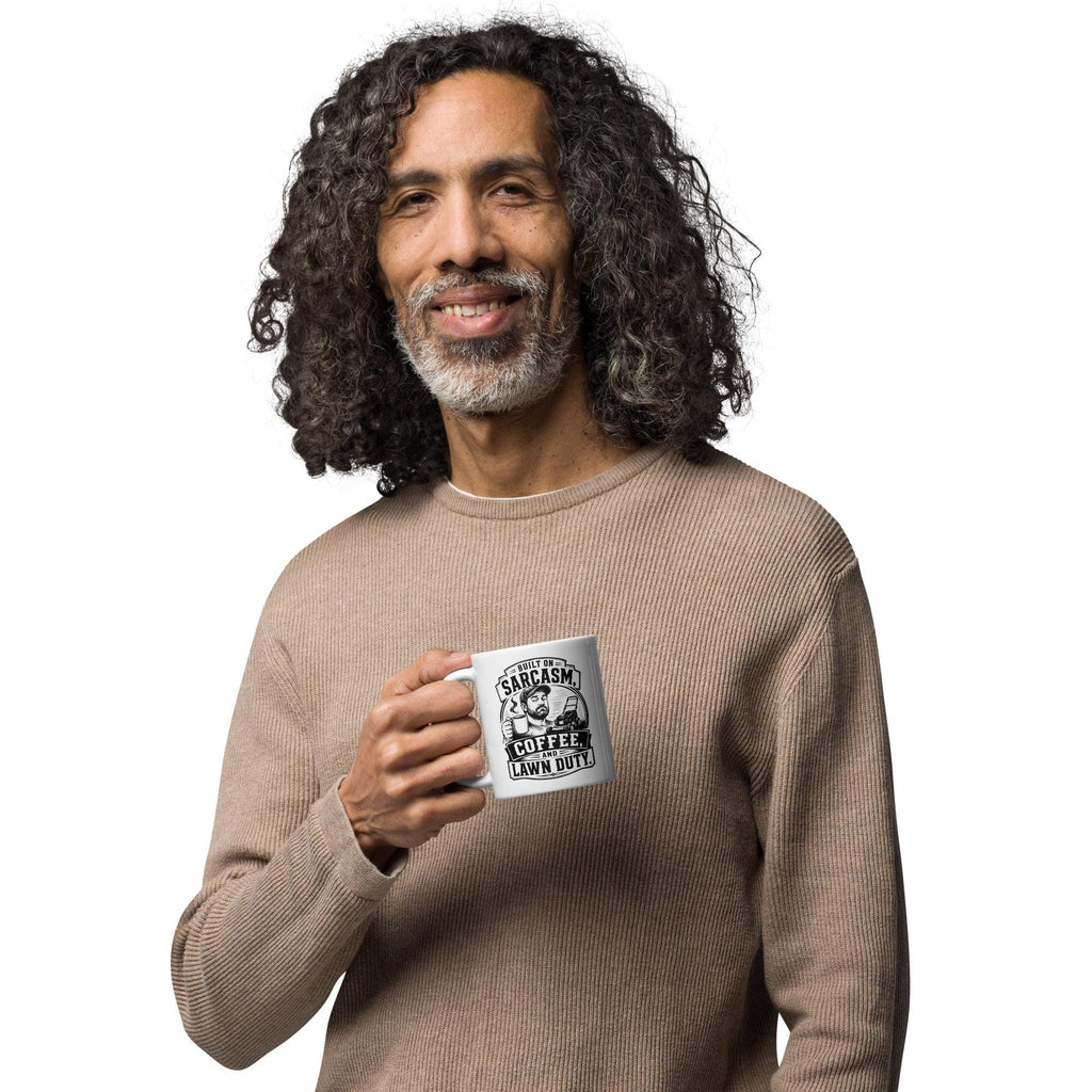 Built on Sarcasm, Coffee and Lawn Duty - Funny Lawn Mowing Dad Mug product image 8, showing the mug design and product mockup.