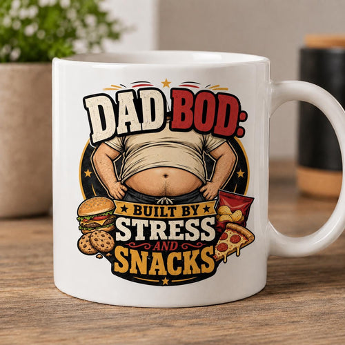 Dad Bod Built by Stress and Snacks - Funny Dad Mug product image 2, showing the mug design and product mockup.