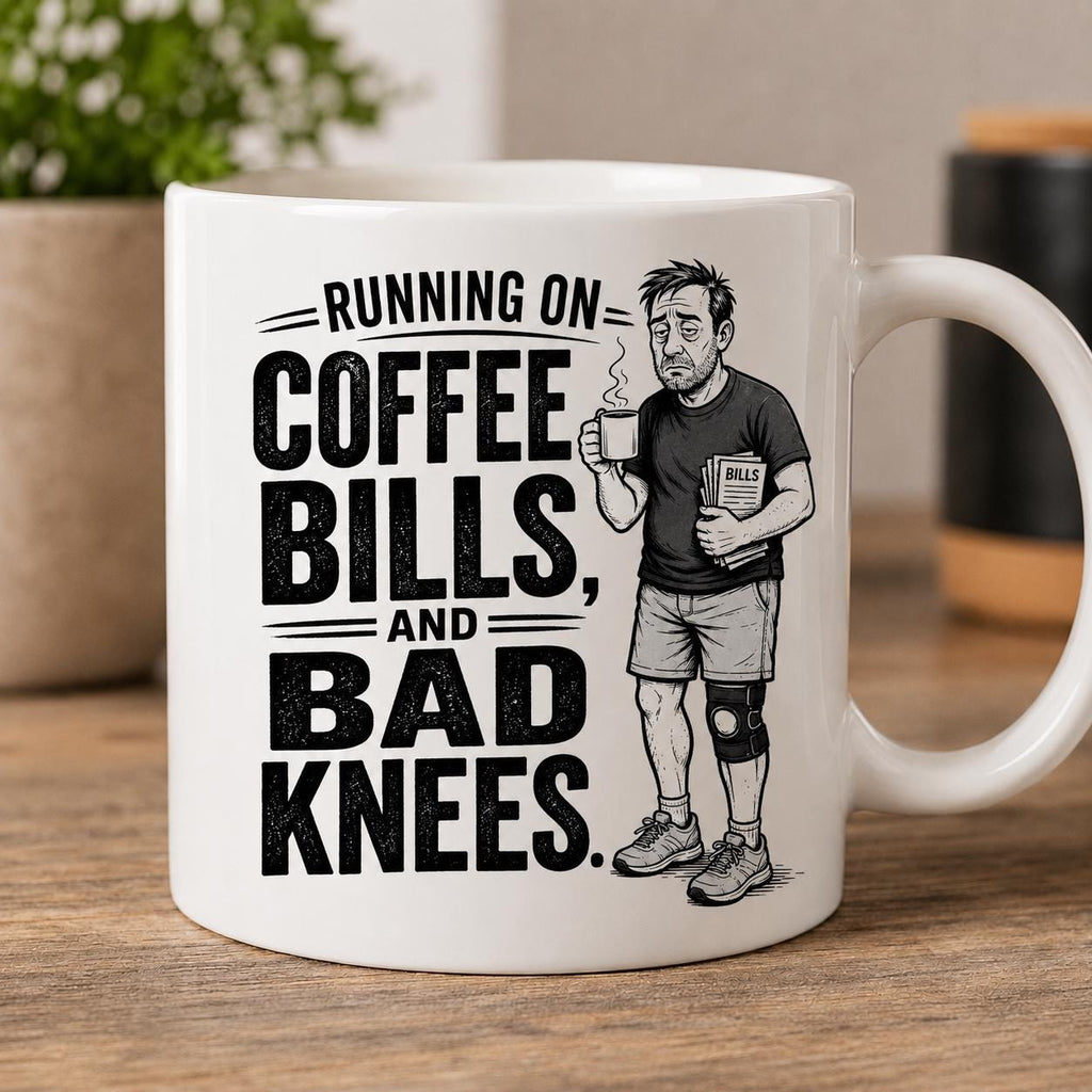 Running on Coffee, Bills and Bad Knees - Funny Running Dad Mug product image 2, showing the mug design and product mockup.
