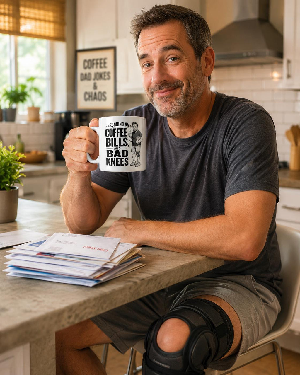 Running on Coffee, Bills and Bad Knees - Funny Running Dad Mug product image 1, showing the mug design and product mockup.