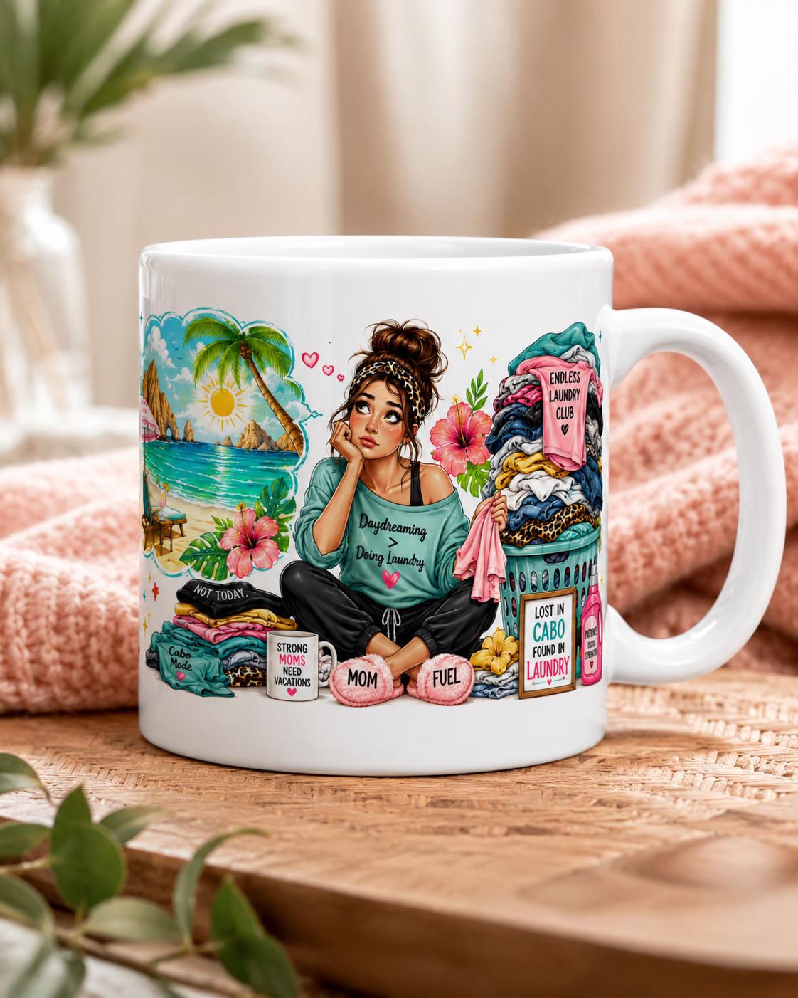 Mentally in Cabo, Physically Folding Laundry - Funny Mom Mug product image 4, showing the mug design and product mockup.