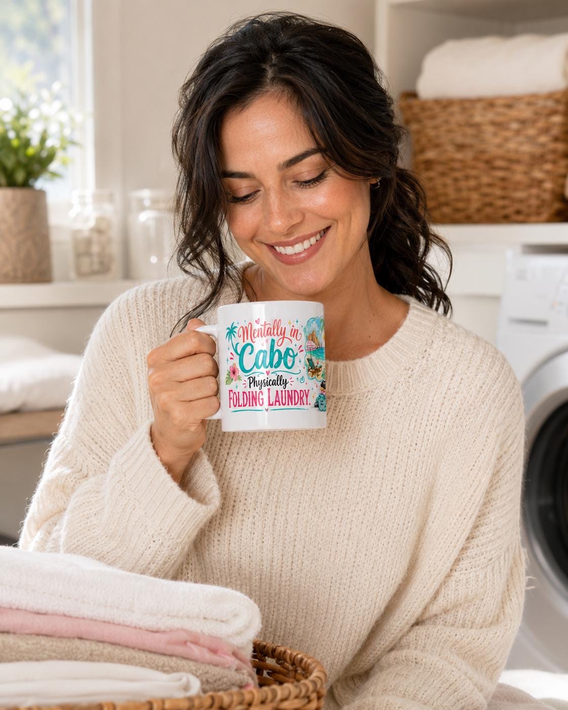 Mentally in Cabo, Physically Folding Laundry - Funny Mom Mug product image 2, showing the mug design and product mockup.