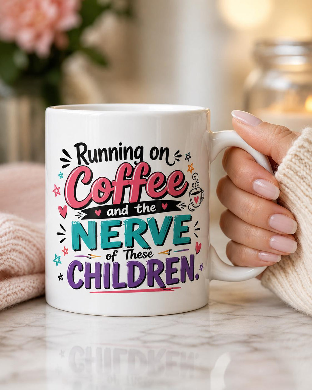 Running on Coffee and the Nerve of These Children - Funny Mom Mug product image 3, showing the mug design and product mockup.