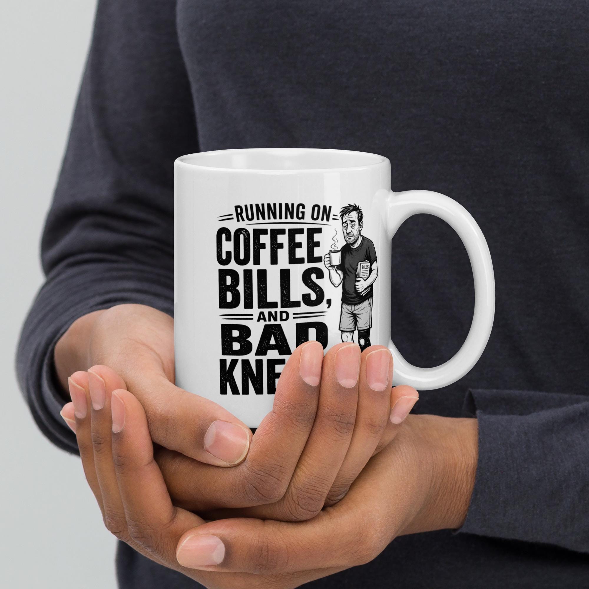 Running on Coffee, Bills and Bad Knees - Funny Running Dad Mug product image 4, showing the mug design and product mockup.