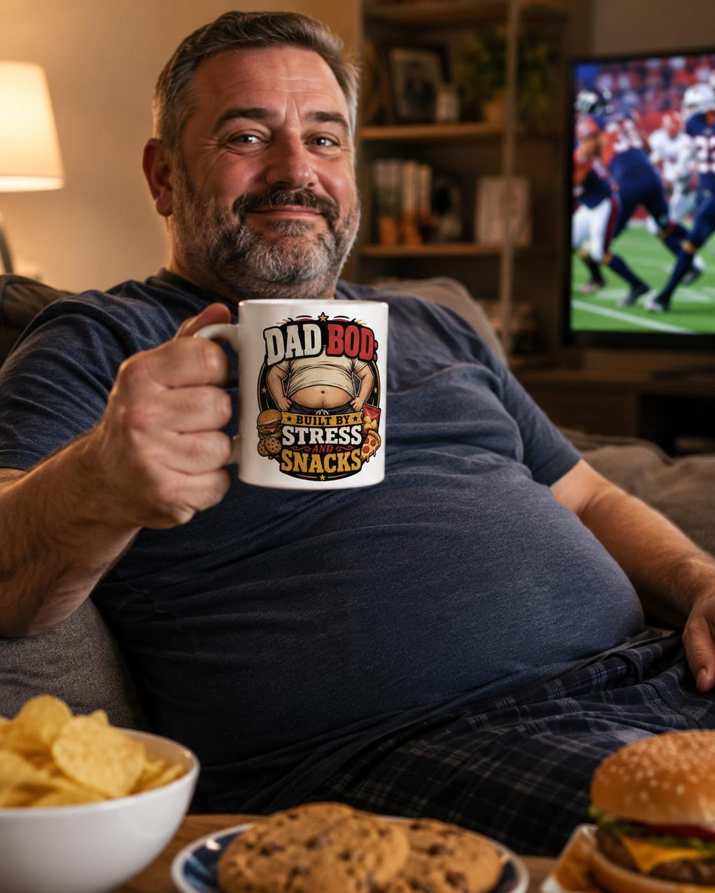 Dad Bod Built by Stress and Snacks - Funny Dad Mug product image 1, showing the mug design and product mockup.