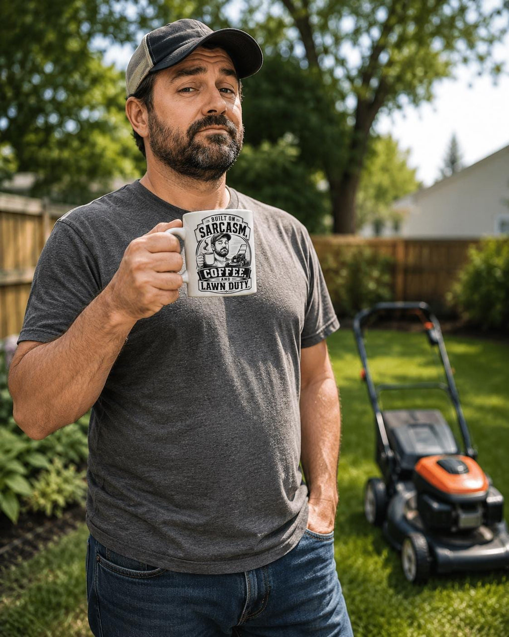 Built on Sarcasm, Coffee and Lawn Duty - Funny Lawn Mowing Dad Mug product image 1, showing the mug design and product mockup.