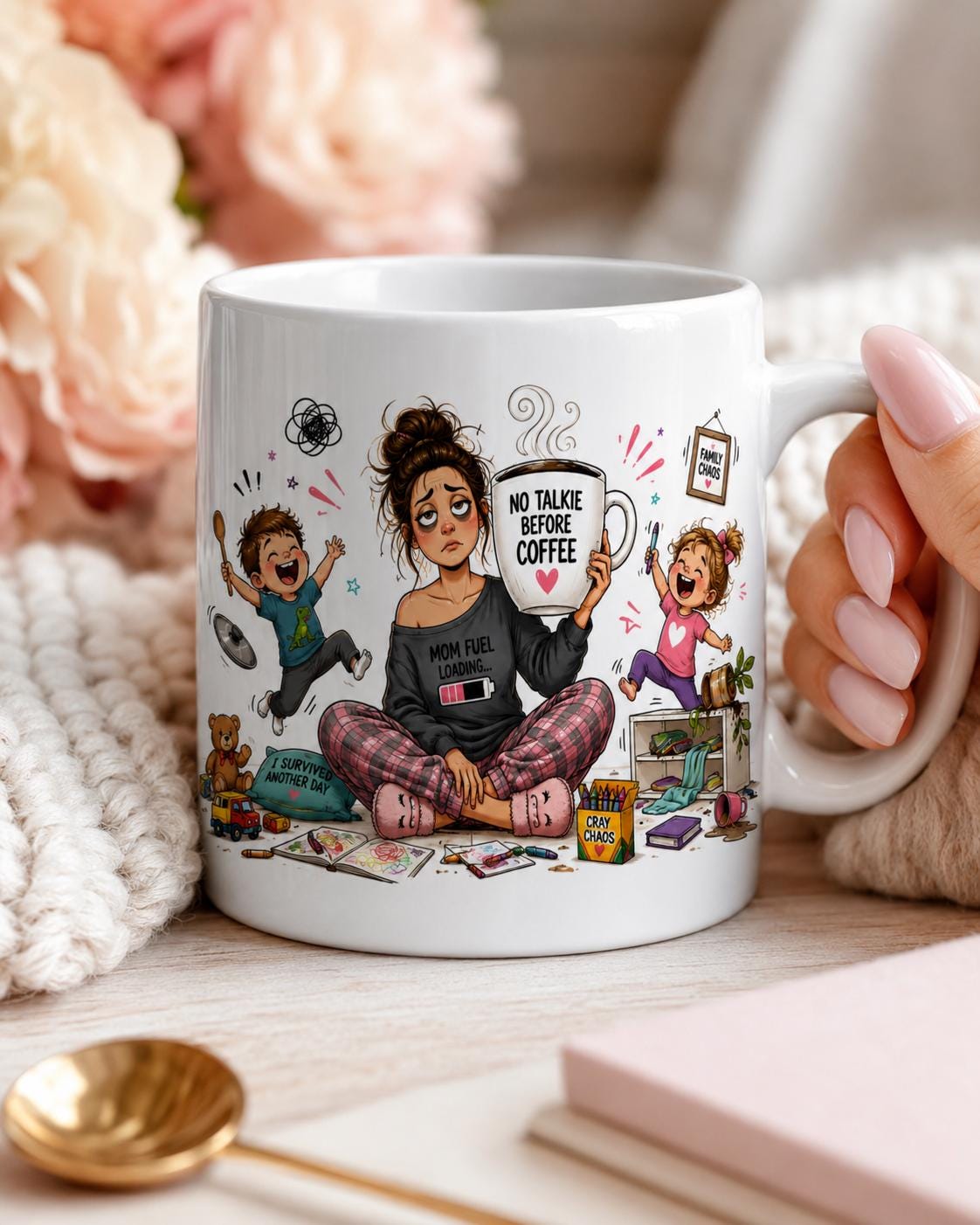 Running on Coffee and the Nerve of These Children - Funny Mom Mug product image 4, showing the mug design and product mockup.